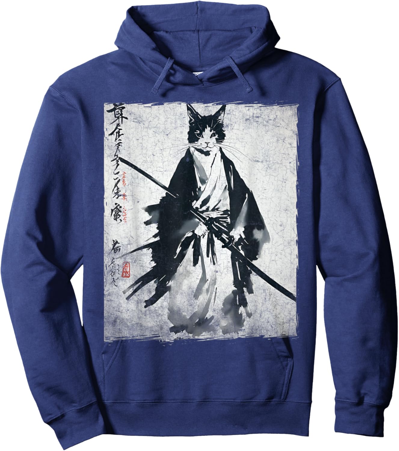 Samurai Cat Ukiyo-e Warrior Art Vintage Ninja Cat Graphic Hoodie - Hoodie | Navy