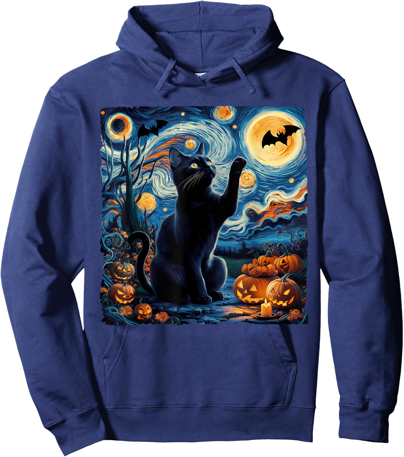 Halloween Van Gogh' Starry Night Black Cat Pumpkins Bats Women Kids Hoodie - Hoodie | Navy