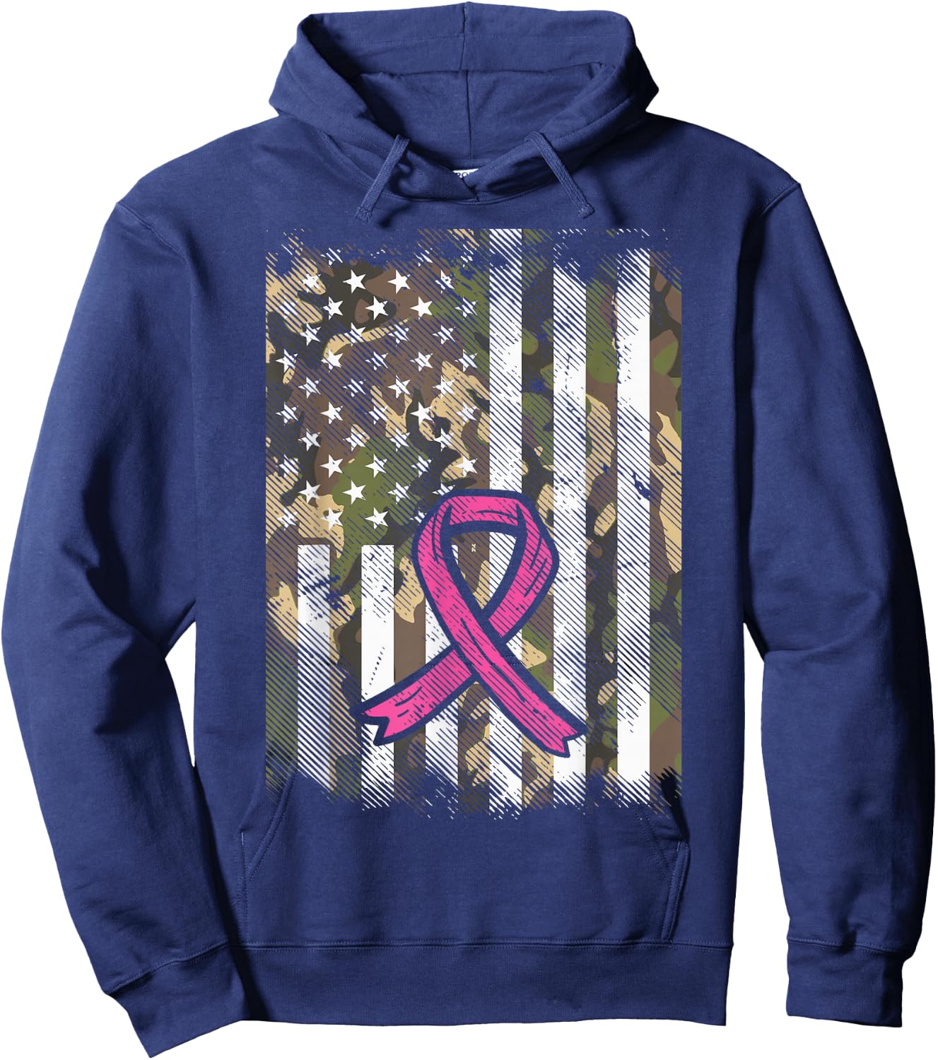 Camo Flag Pink Ribbon Breast Cancer Awareness Patriotic Hoodie - Hoodie | Navy