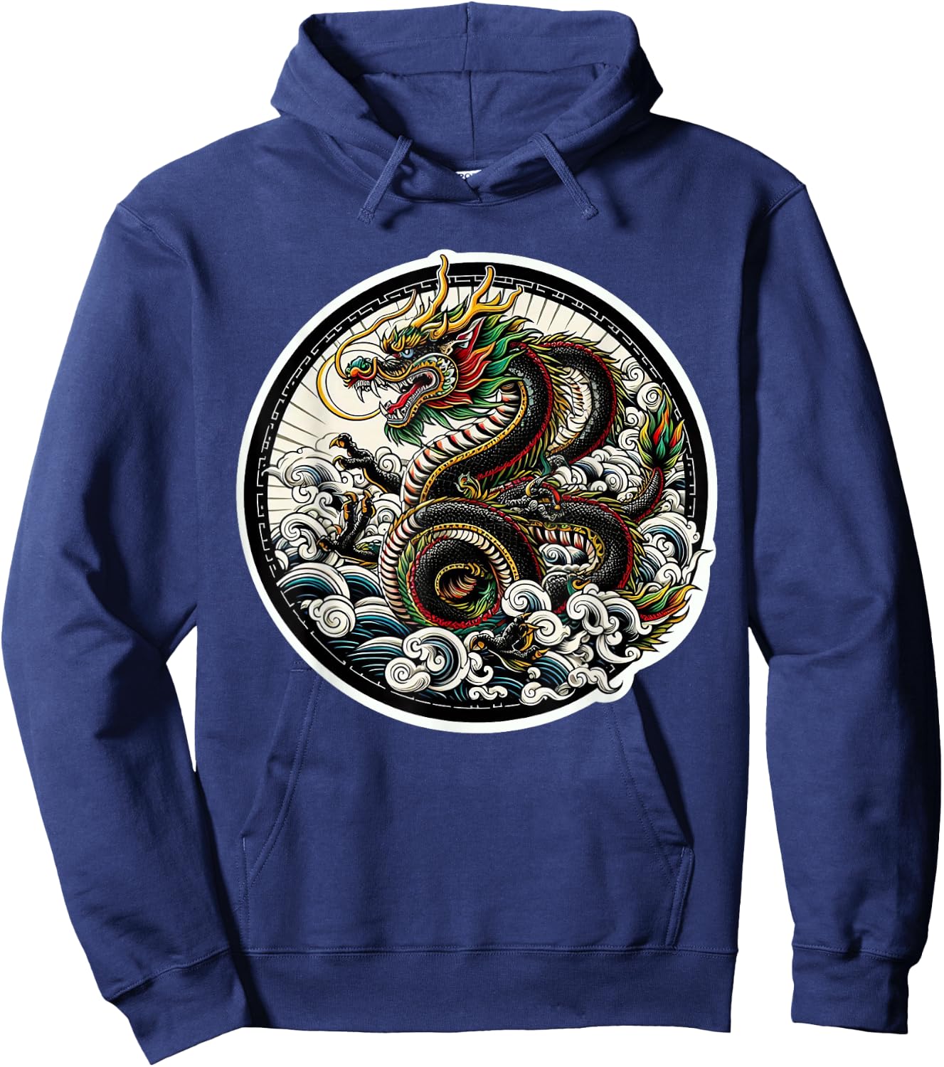 xDevery Asian Dragon Green Lucky Tattoo Design Colourful Vivid , Small, Black Hoodie - Hoodie | Navy