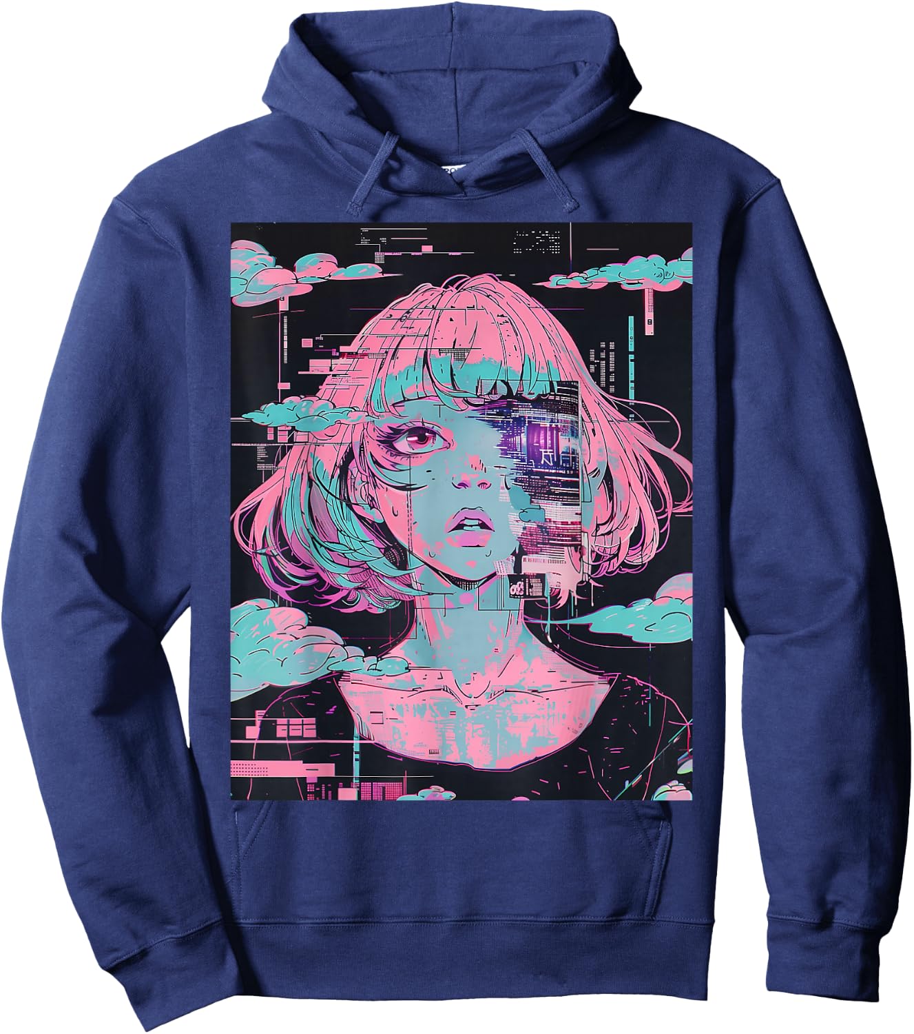Anime Girl Vaporwave Glitchcore Pastel Goth Distressed Hoodie - Hoodie | Navy