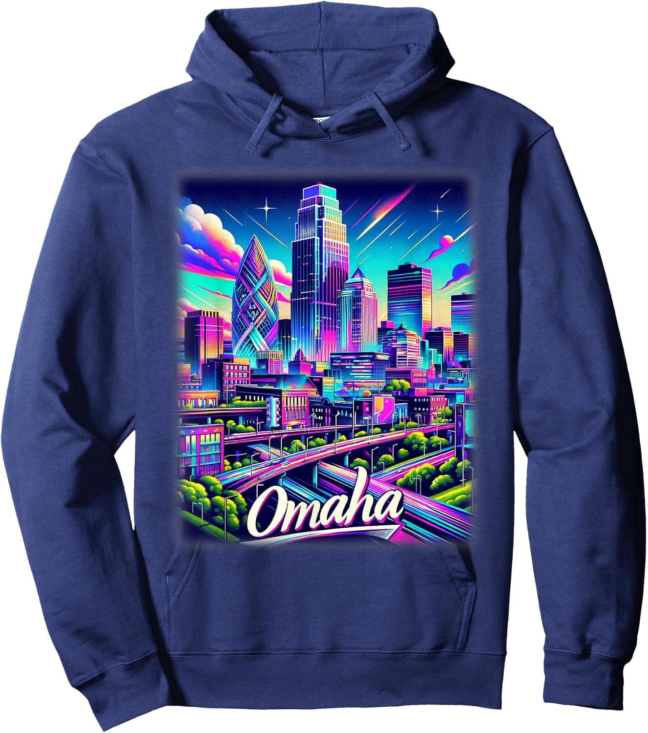 Omaha Nebraska Shirt Family Trip 80s 90s Retro City Skyline Hoodie - Hoodie | Navy