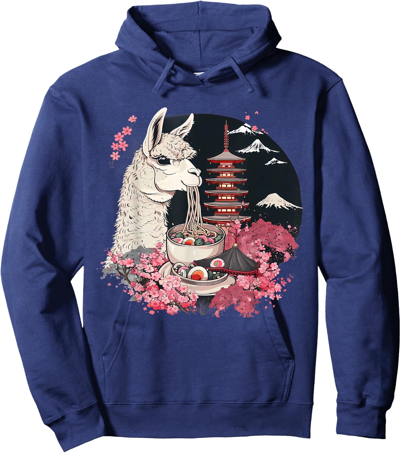 Llama Ramen Mount Fuji Sakura Pagoda Llamen Ramen Noodles Hoodie - Hoodie | Navy