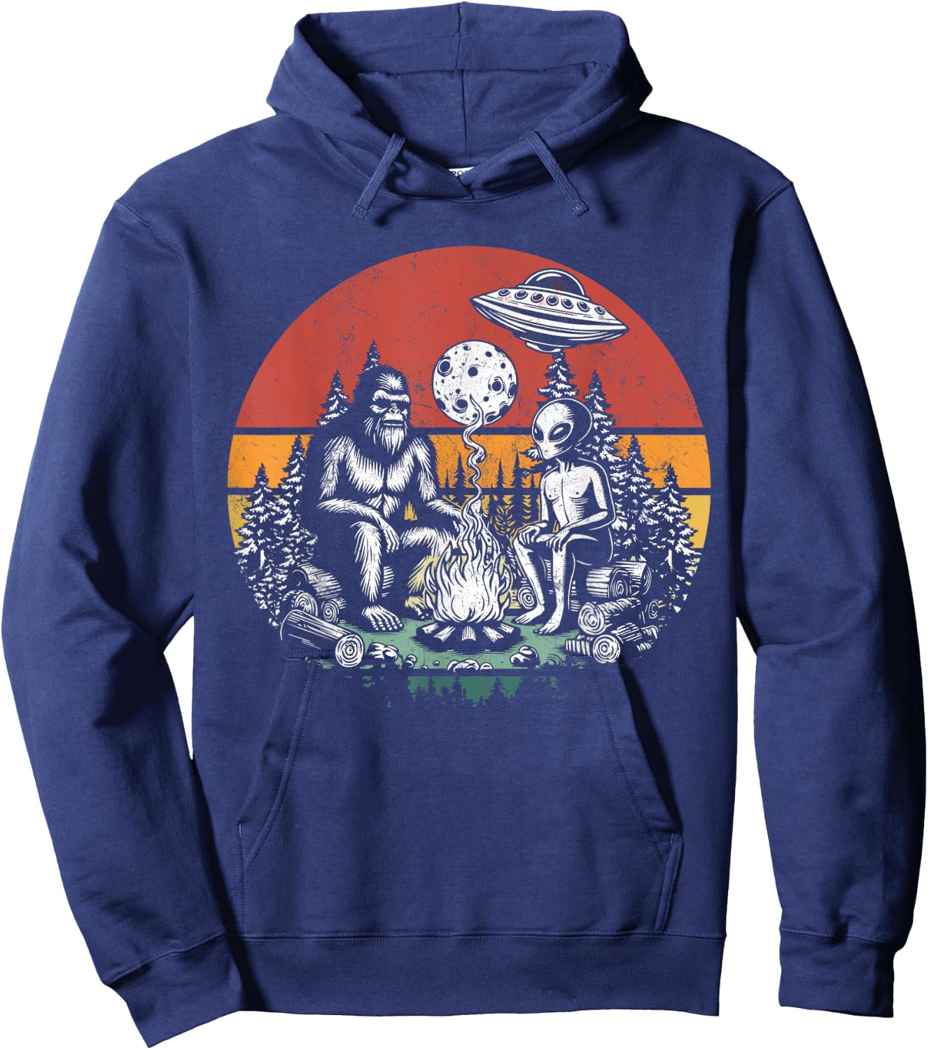 Outdoor Camping UFO Funny Retro Bigfoot And Alien Campfire Hoodie - Hoodie | Navy