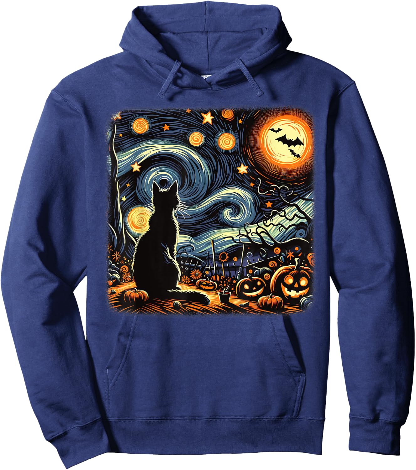 Halloween Black Cat Van Gogh Starry Night Cat Lovers Cat Hoodie - Hoodie | Navy