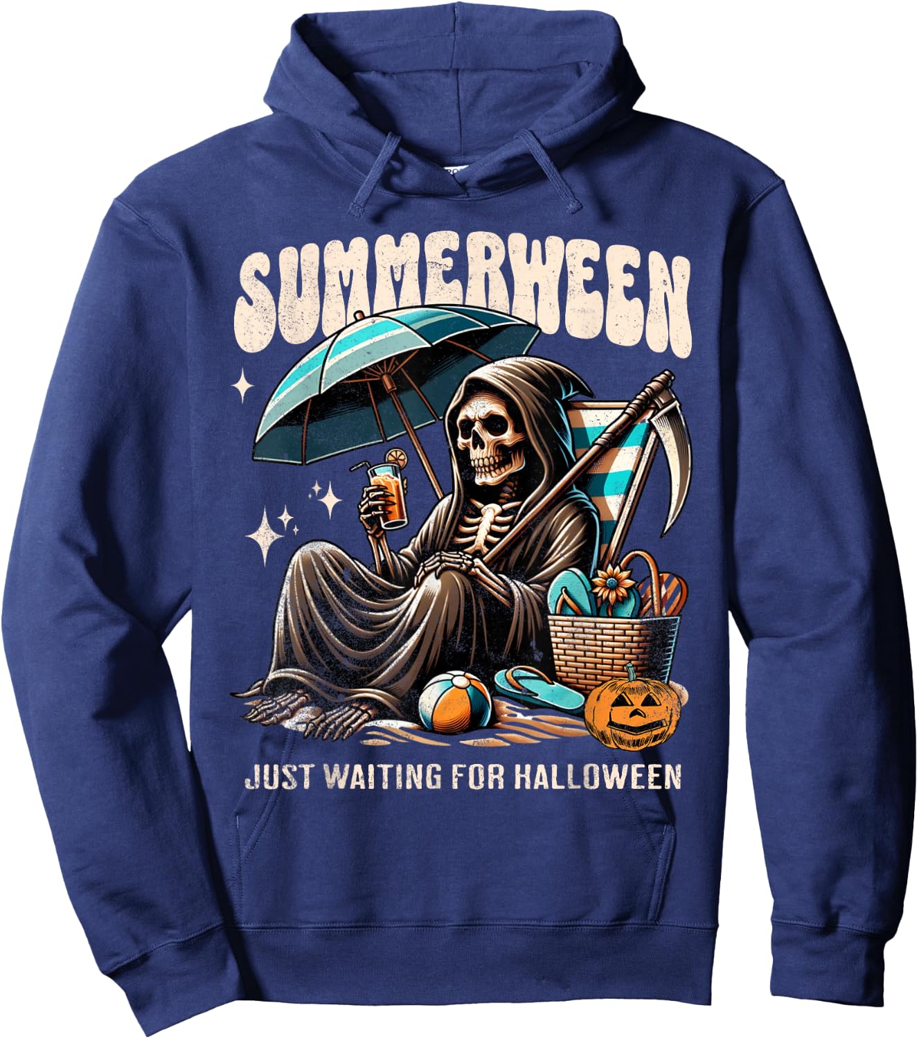 Summerween Grim Reaper Skeleton Summer Vibes Halloween Ghost Men Women Kids Hoodie - Hoodie | Navy