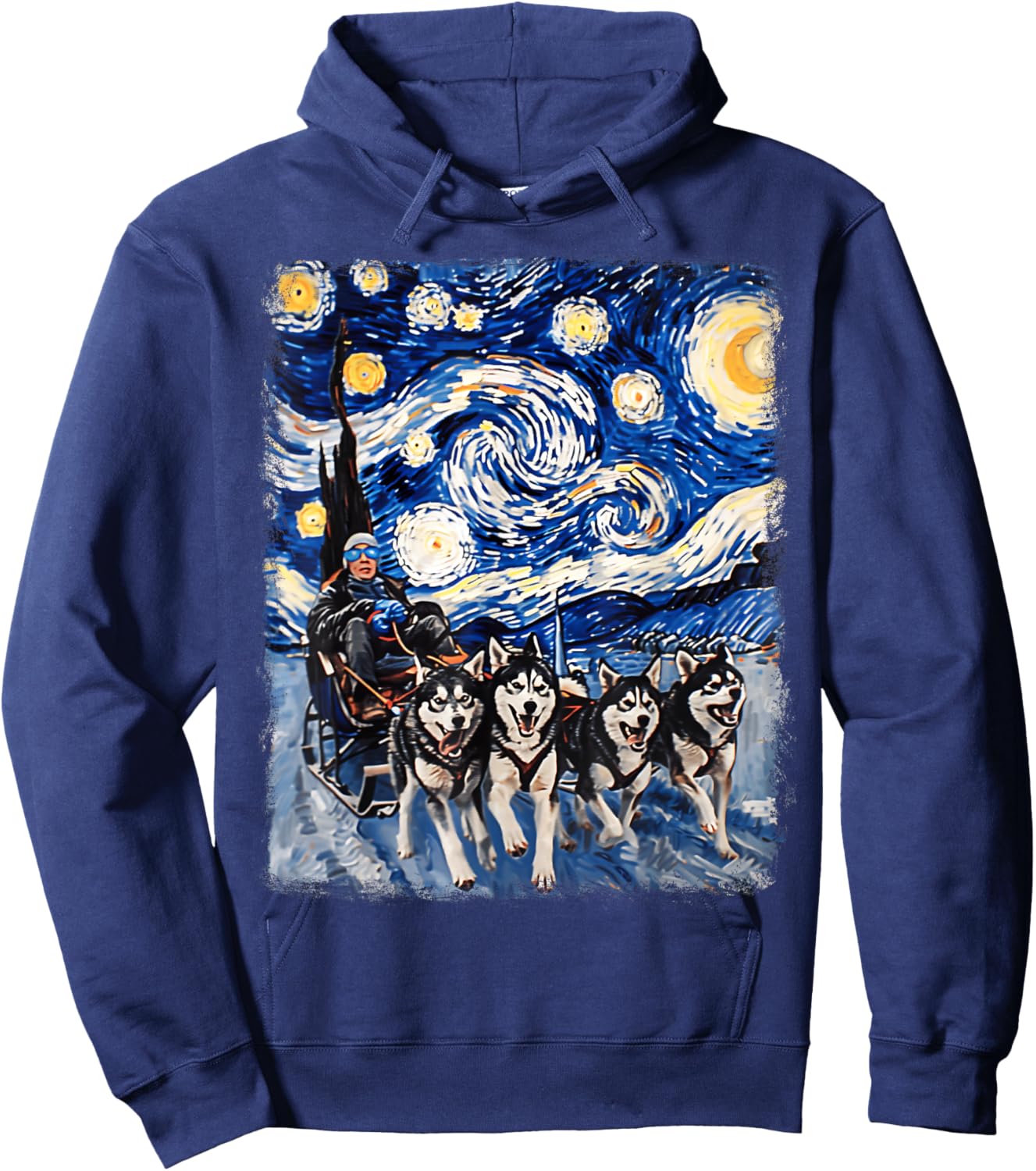Mushing Sled Dog Siberian Husky Starry Night Painting Hoodie - Hoodie | Navy