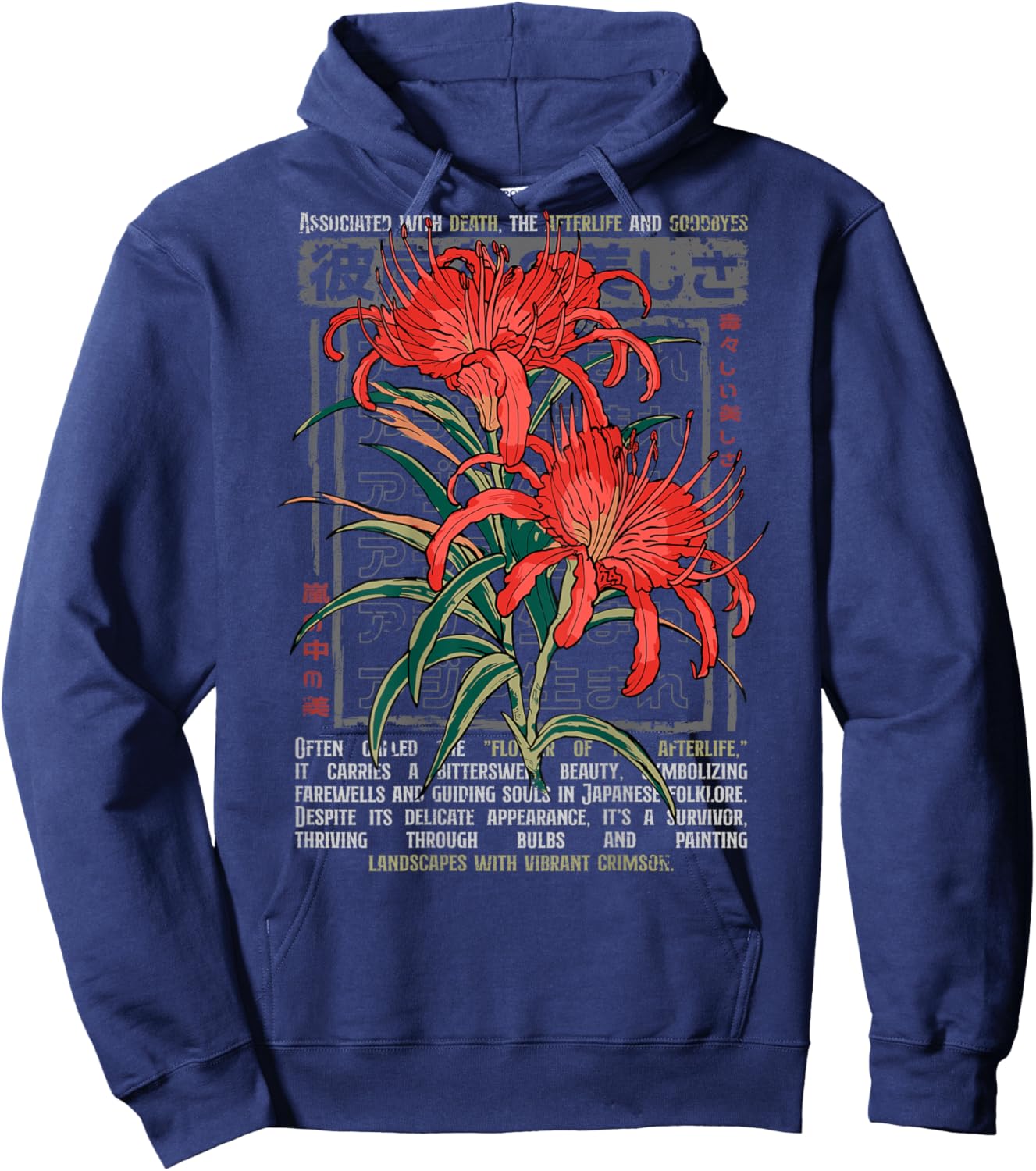 Red Spider Lily Flower Japanese Anime Art Otaku Backprinted Hoodie - Hoodie | Navy