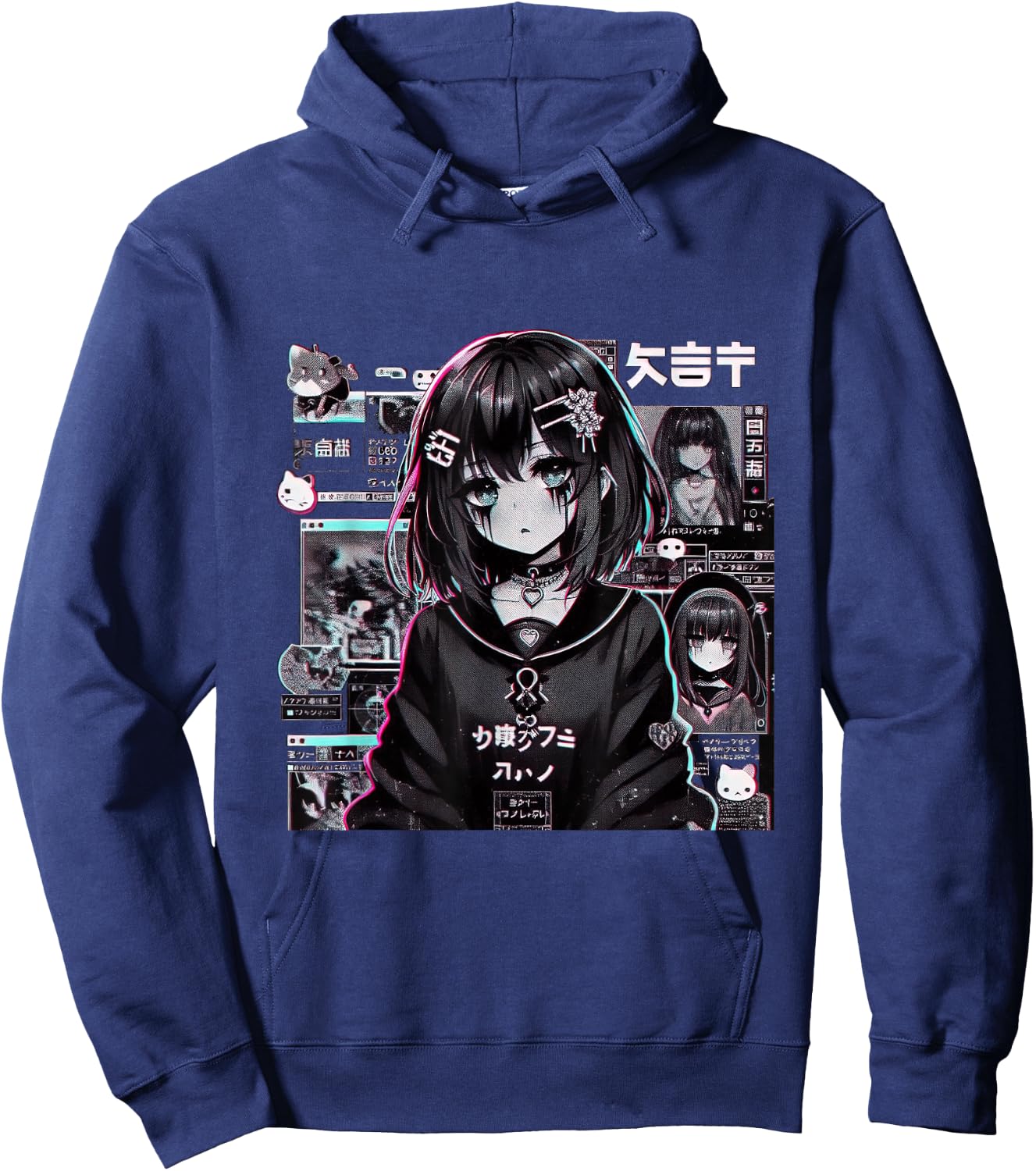 Vaporwave Anime Girl Japanese Aesthetic Anime Otaku Hoodie - Hoodie | Navy