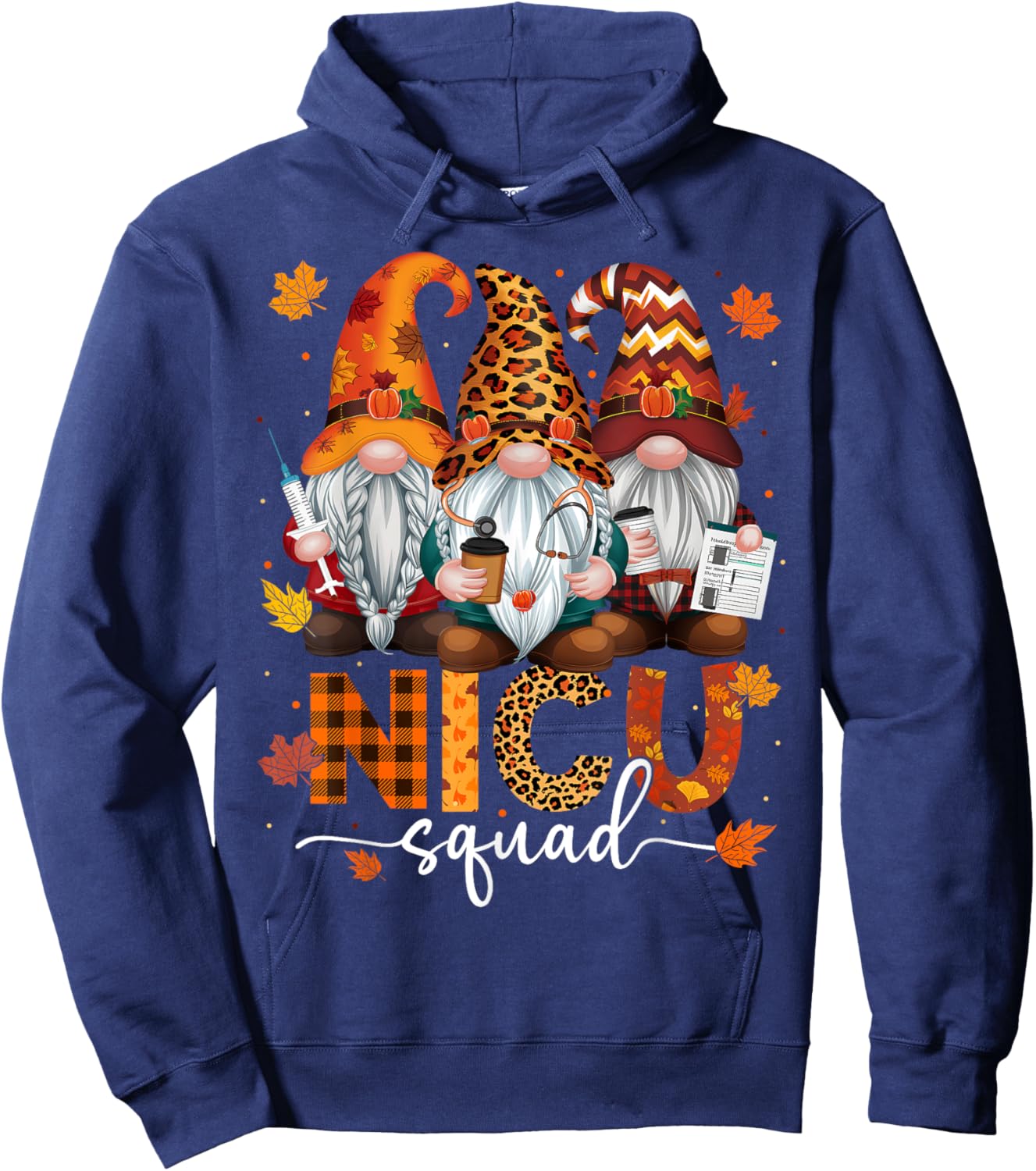 NICU Squad Gnome Nurse Leopard Thanksgiving Stethoscope Hoodie - Hoodie | Navy