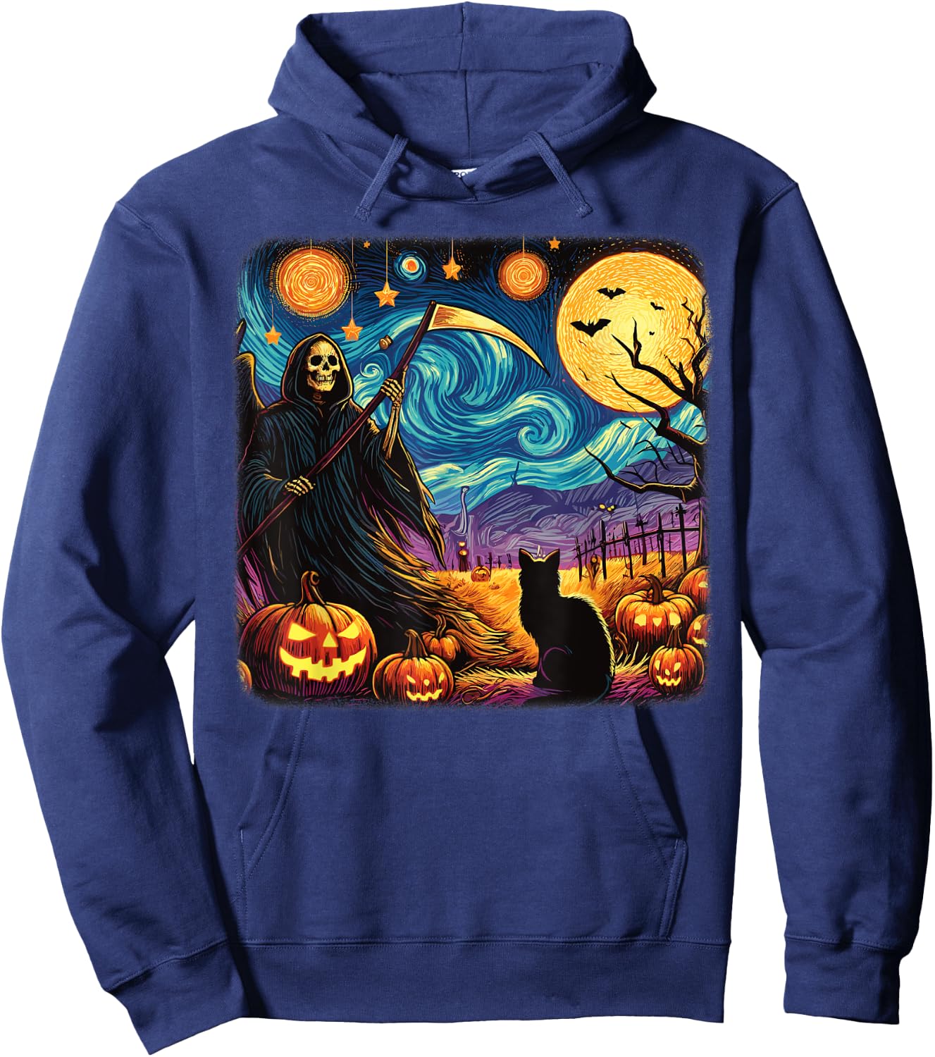 Halloween Van Gogh Starry Night Grim Reaper Pumpkins Cats Hoodie - Hoodie | Navy