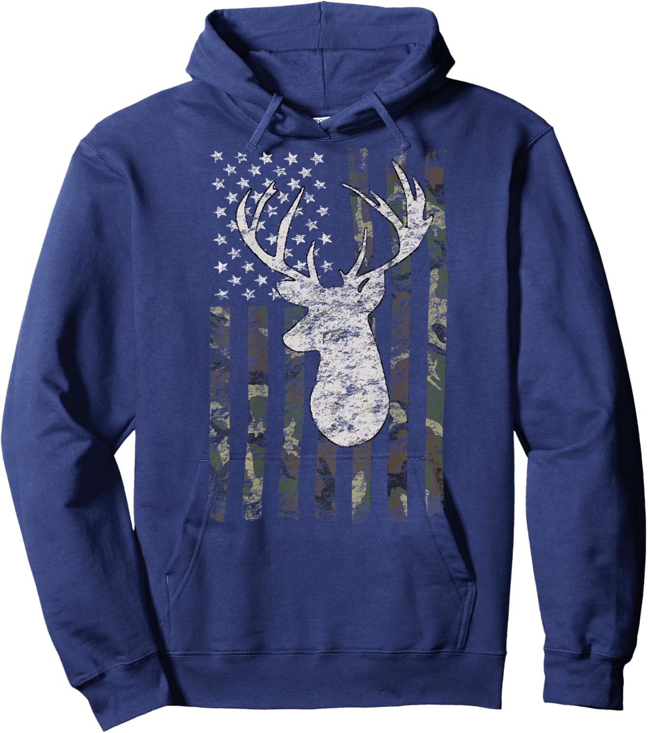 Deer Hunting American Flag Camo Buck Silhouette (on Back) Kids Men Hoodie - Hoodie | Navy