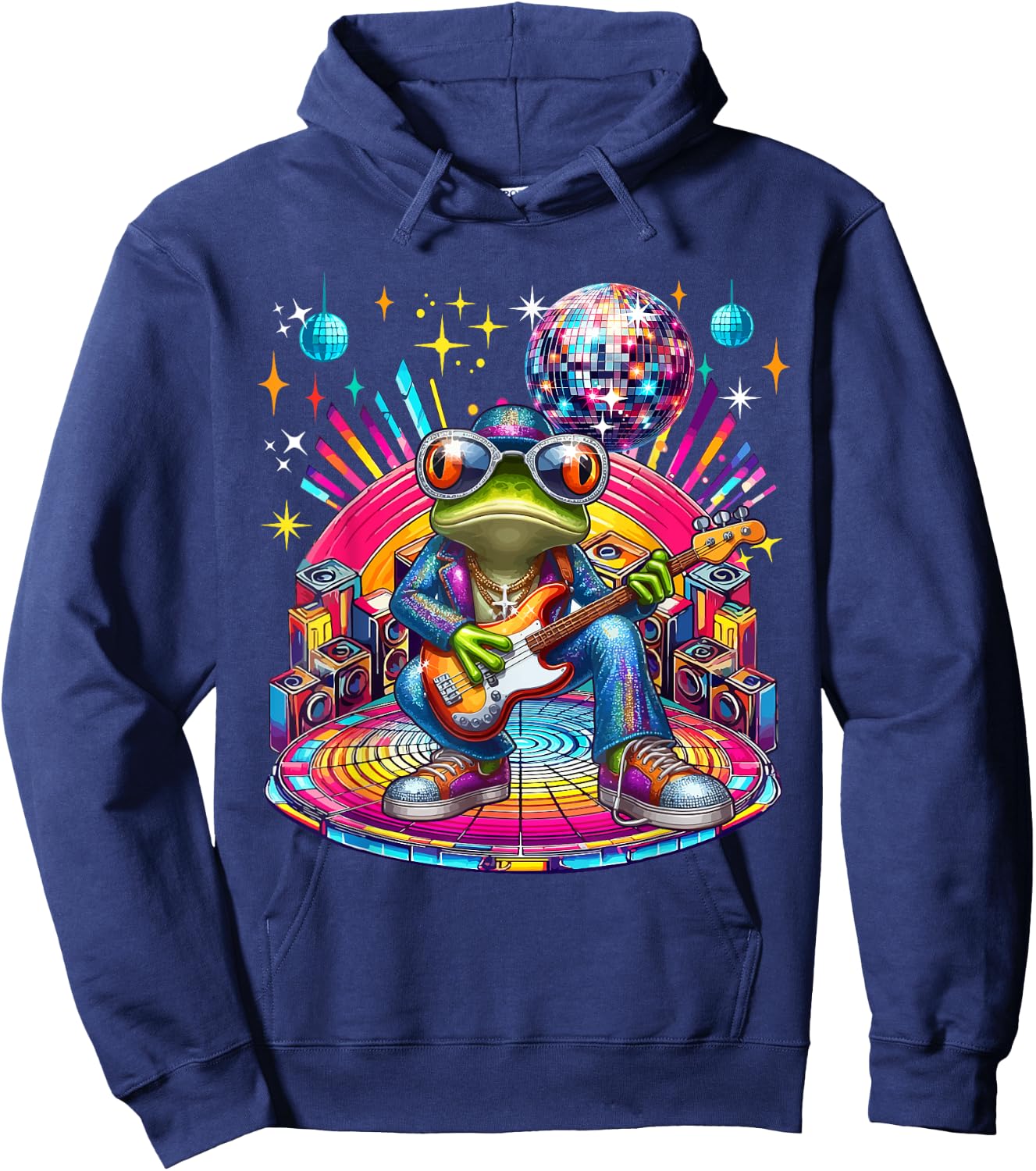 Frog Sunglasses Playing Guitar Colorful Costume Disco Hoodie - Hoodie | Navy