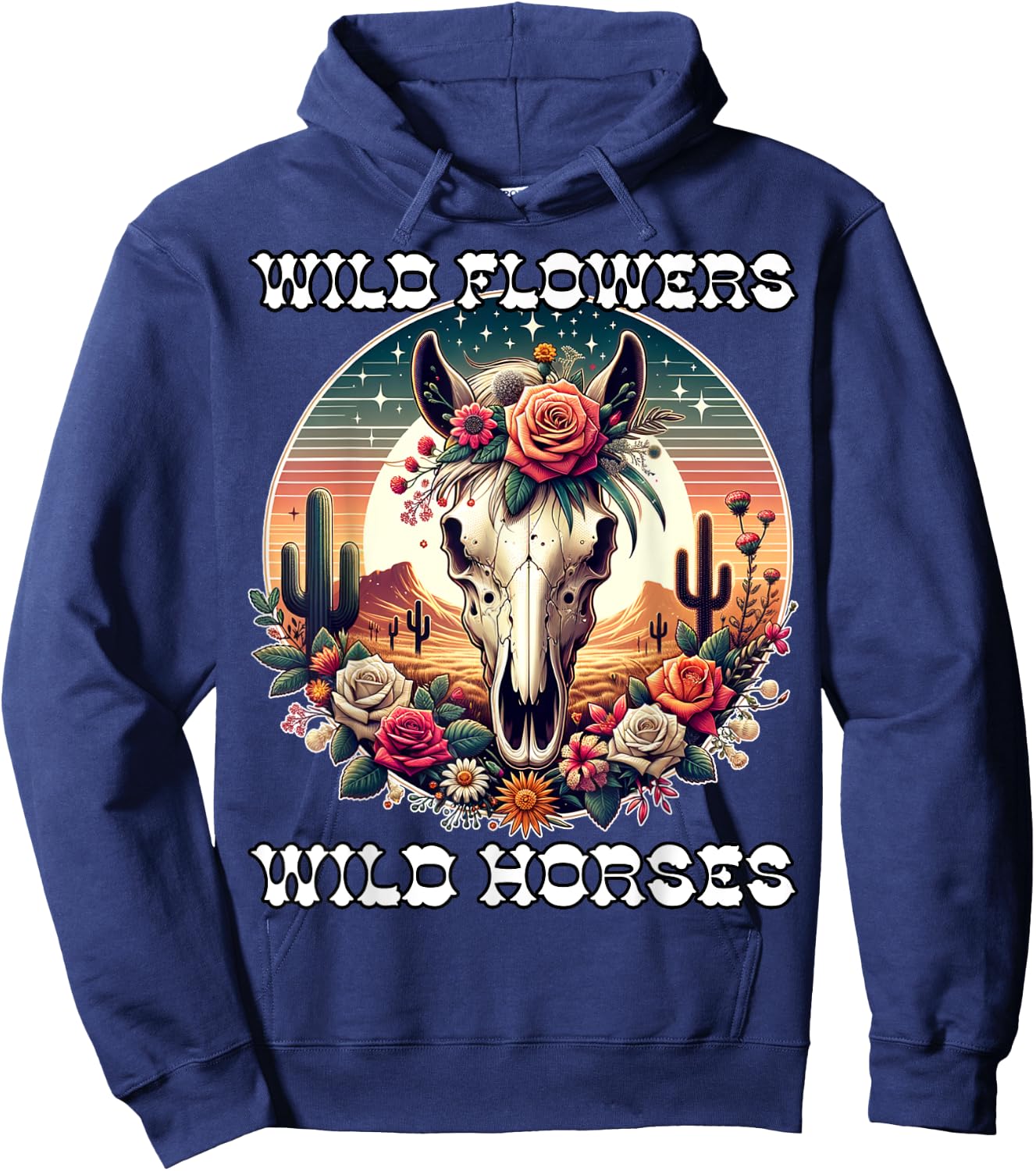 Wild Flowers and Wild Horses Vintage Sunset Country Cowgirl Hoodie - Hoodie | Navy