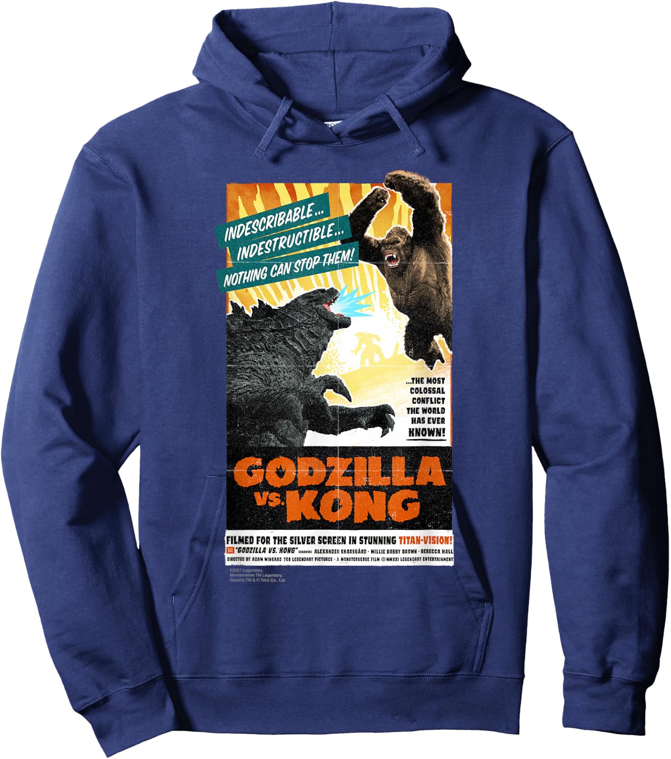 Monsterverse Godzilla vs Kong - Titan-Vision Retro Poster Adults Kids Black Short Sleeve Hoodie - Hoodie | Navy