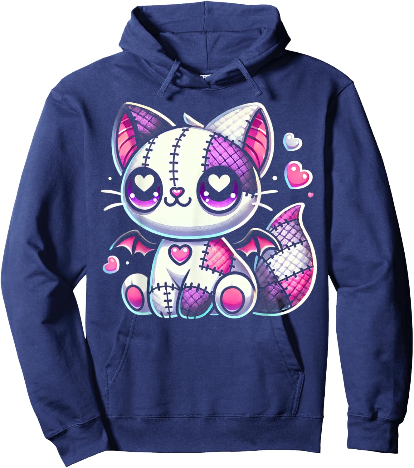 Kawaii Pastel Goth Creepy and Witchy Zombie Patchwork Cat Hoodie - Hoodie | Navy