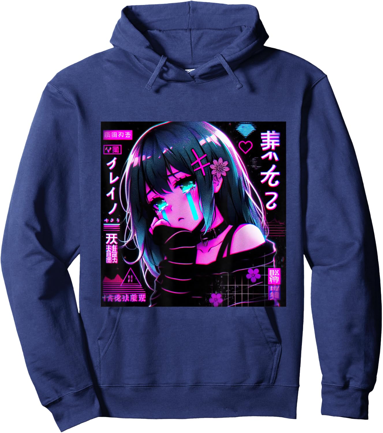 Vaporwave Anime Girl Japanese Aesthetic Anime Otaku Hoodie - Hoodie | Navy
