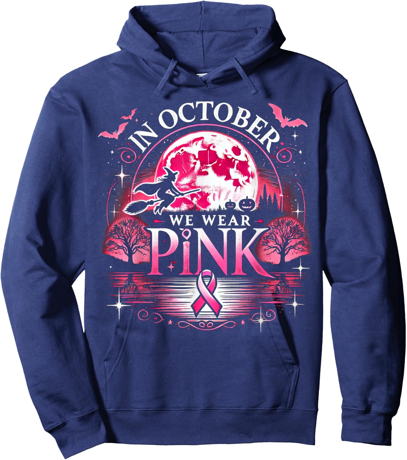 October We Wear Pink Witch Halloween Moon Hoodie - Hoodie | Navy