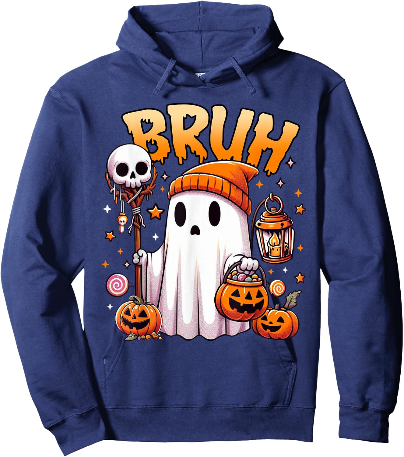 Bruh Ghost Halloween Cute Ghost Trick Or Treat Candy Kids Hoodie - Hoodie | Navy