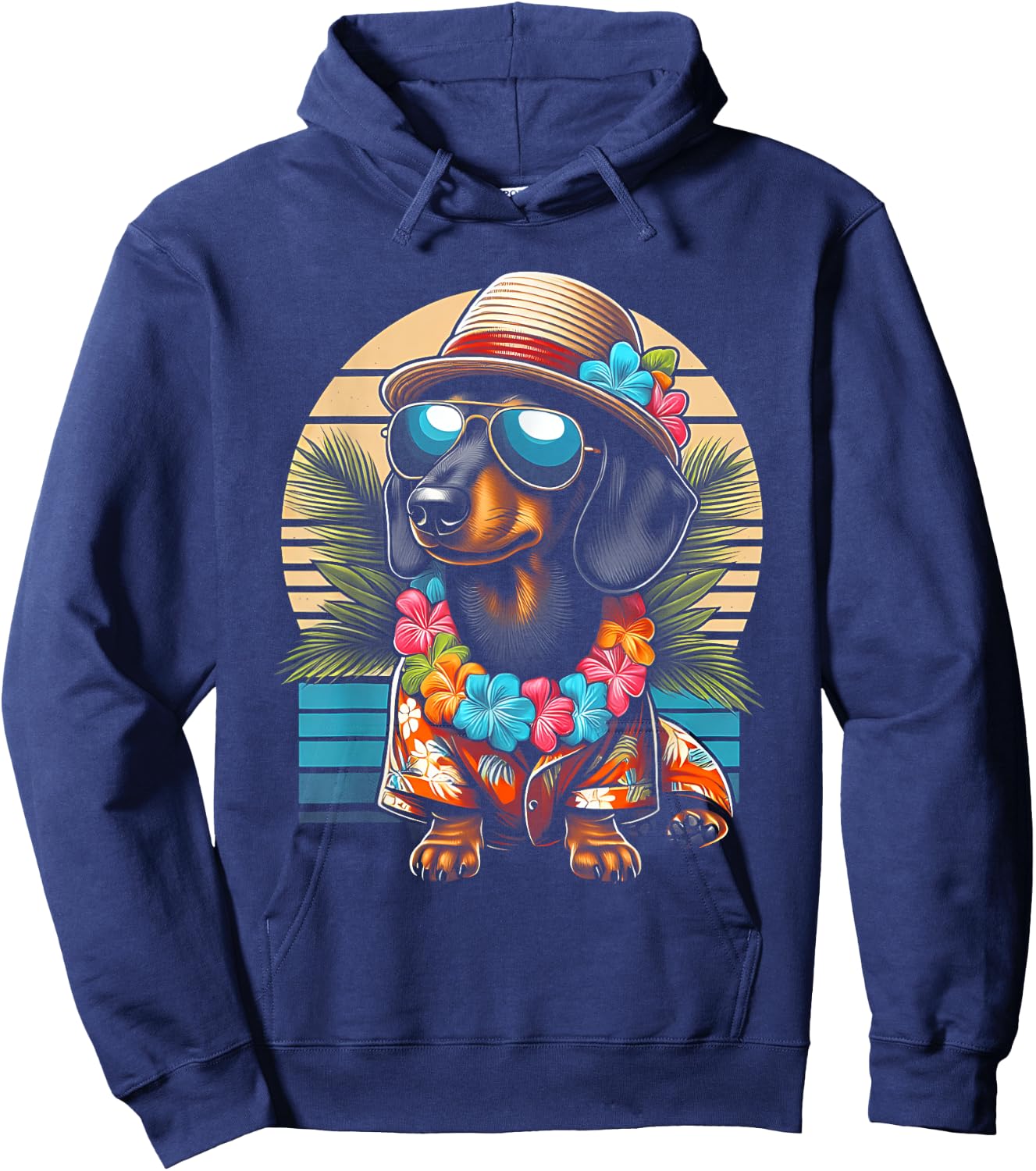Retro Hawaiian Dachshund Dog Tropical Floral Summer Vibes Women Kids Hoodie - Hoodie | Navy