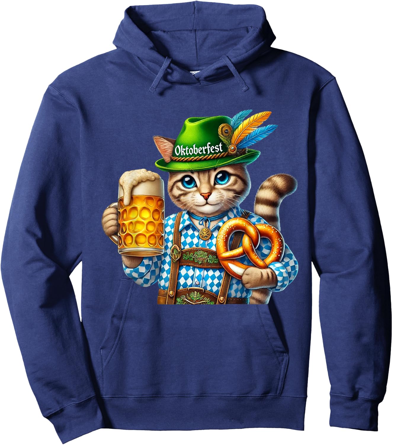 Oktoberfest Cat Beer Pretzel Costume Lederhosen Hoodie - Hoodie | Navy