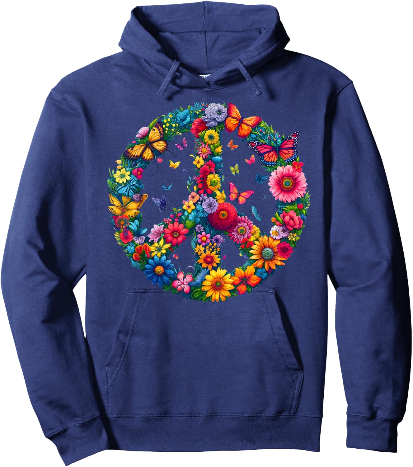 Floral Peace Sign Colorful Butterflies Harmony Love Nature Hoodie - Hoodie | Navy