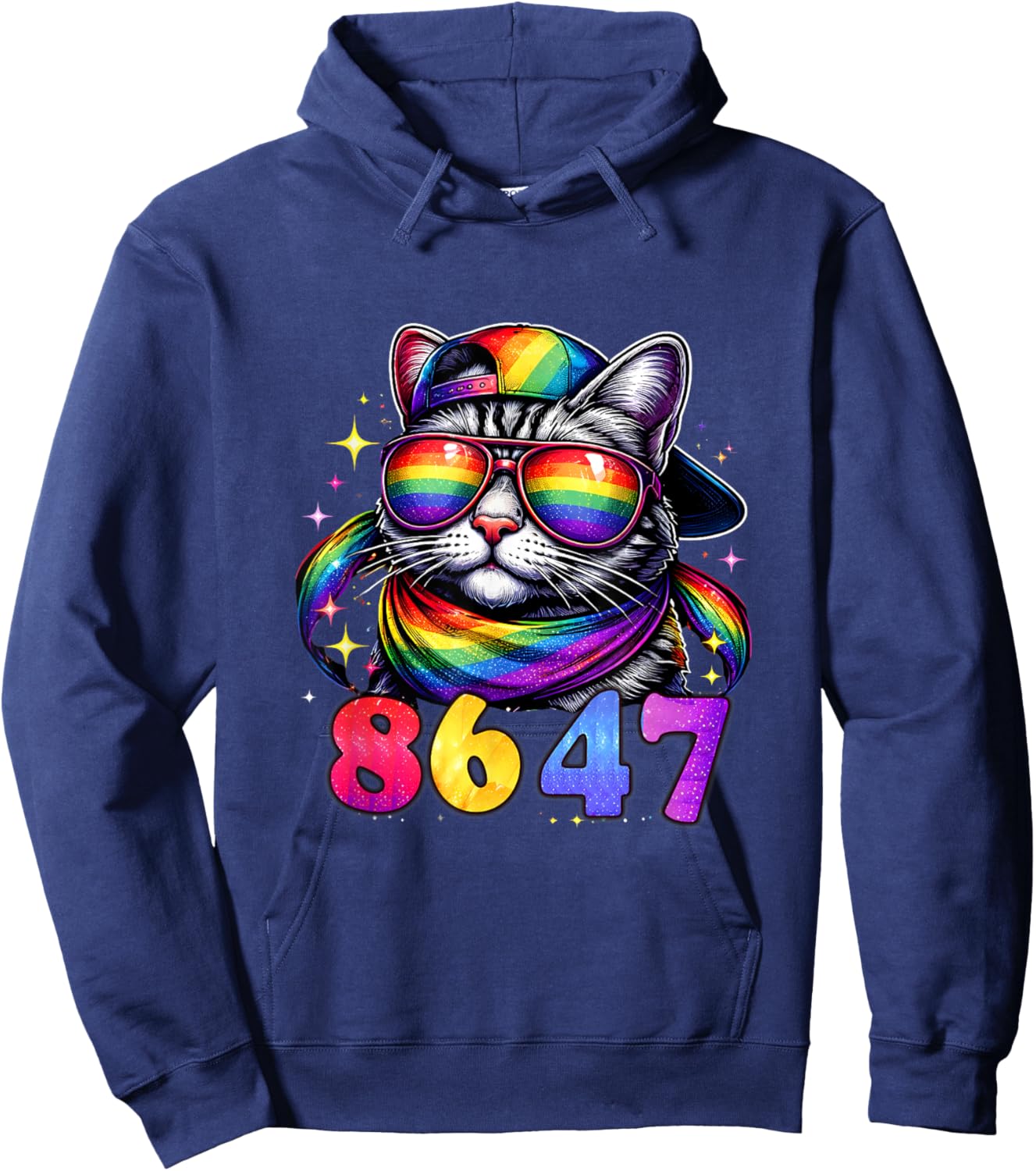 8647 Rainbow Cat Sunglasses Funny Pride Protest Graphic Hoodie - Hoodie | Navy