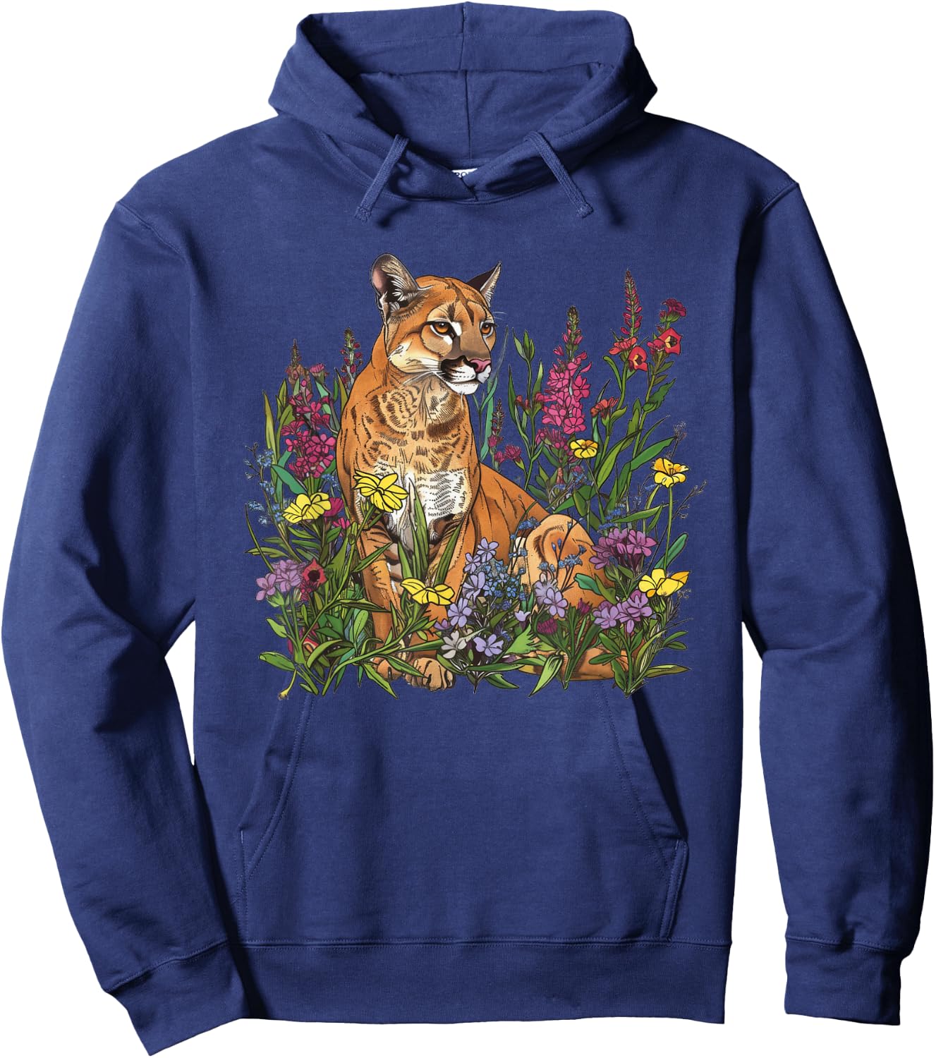 Mountain Lion Amidst Wildflowers Hoodie - Hoodie | Navy
