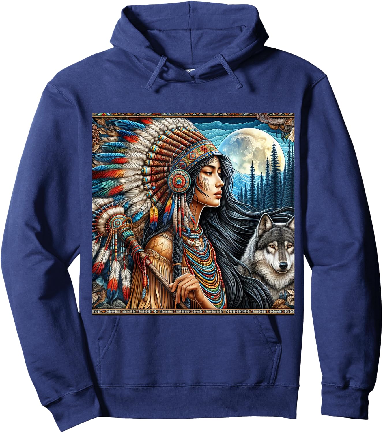 Indian Native American Woman with White Wolf Vintage Gifts Hoodie - Hoodie | Navy
