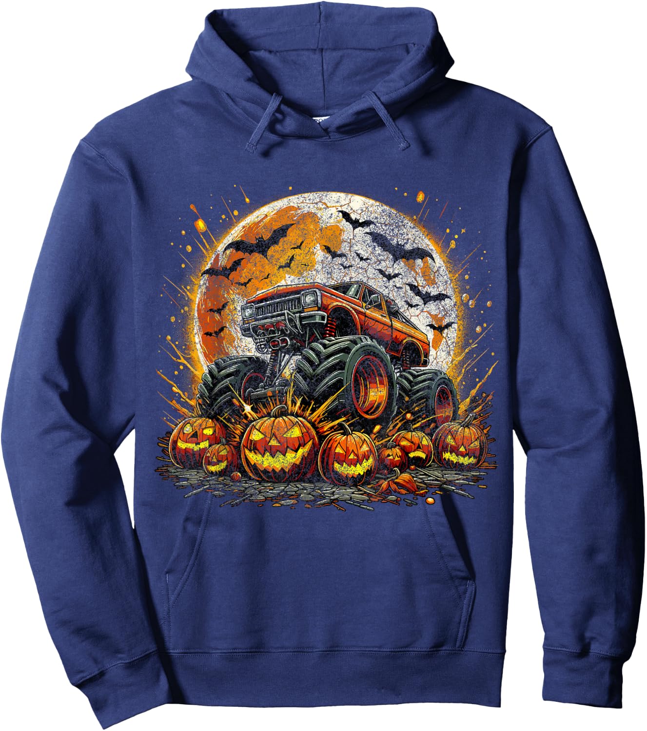 Monster Truck Pumpkin Halloween Jack O Lantern Moon Hoodie - Hoodie | Navy