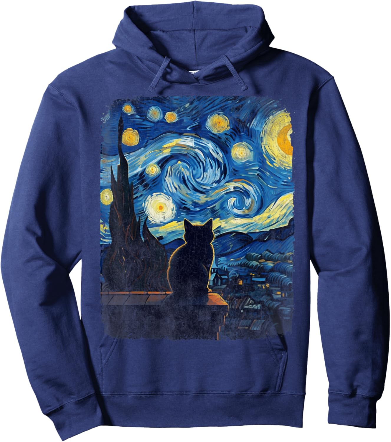 Cat Gifts for Cat Mom Dad Starry Night Van Gogh Cat Hoodie - Hoodie | Navy