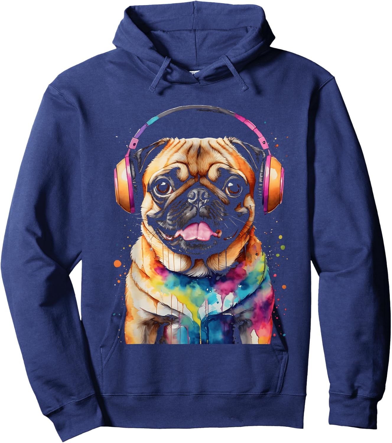 Pug Headphones Dog Colorful Funny Animal Art Print Graphic Men Women Kids Hoodie - Hoodie | Navy