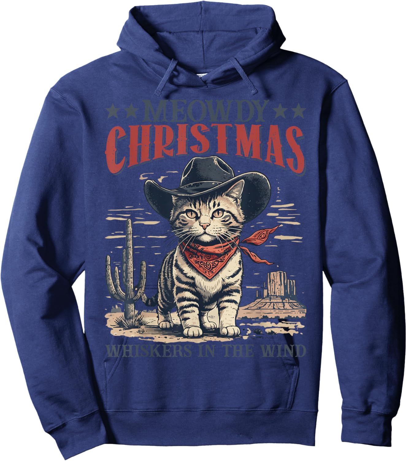 Meowdy Partner Cowboy Cat Christmas Vintage Cowboy Cat Santa Hoodie - Hoodie | Navy