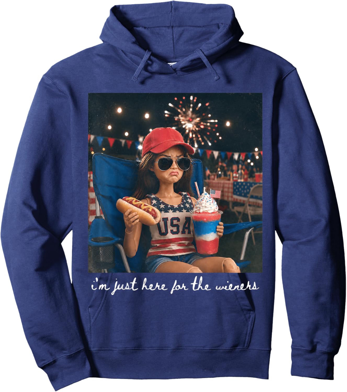 I'm Just Here for The Wieners American Fireworks 4th of July Hoodie - Hoodie | Navy