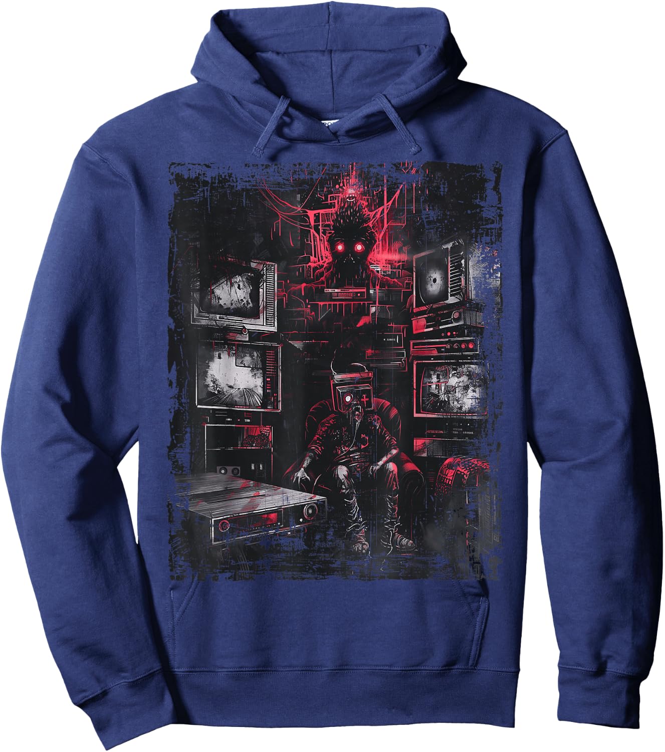 Television Weirdcore Glitchcore Mask Digital Horror Grunge Hoodie - Hoodie | Navy