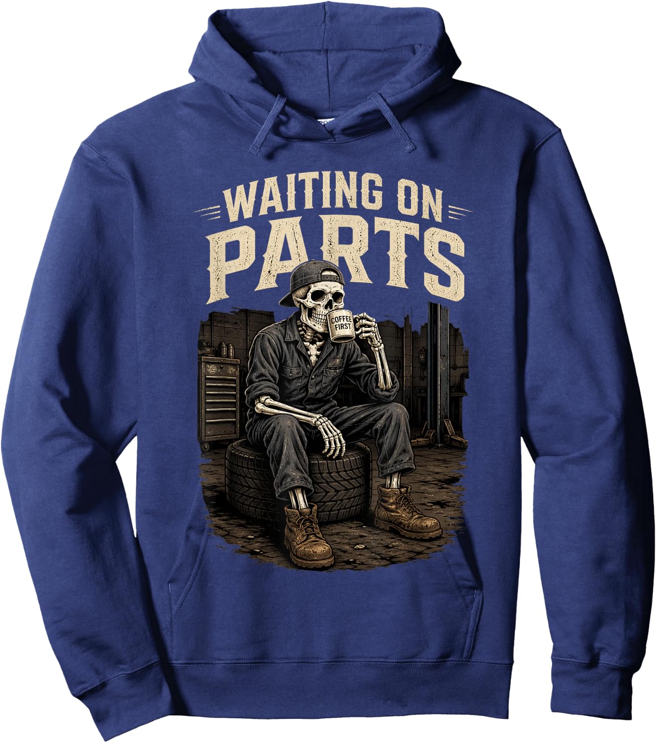 Mechanic Shirt Auto Repair Waiting on Parts Distressed Hoodie - Hoodie | Navy
