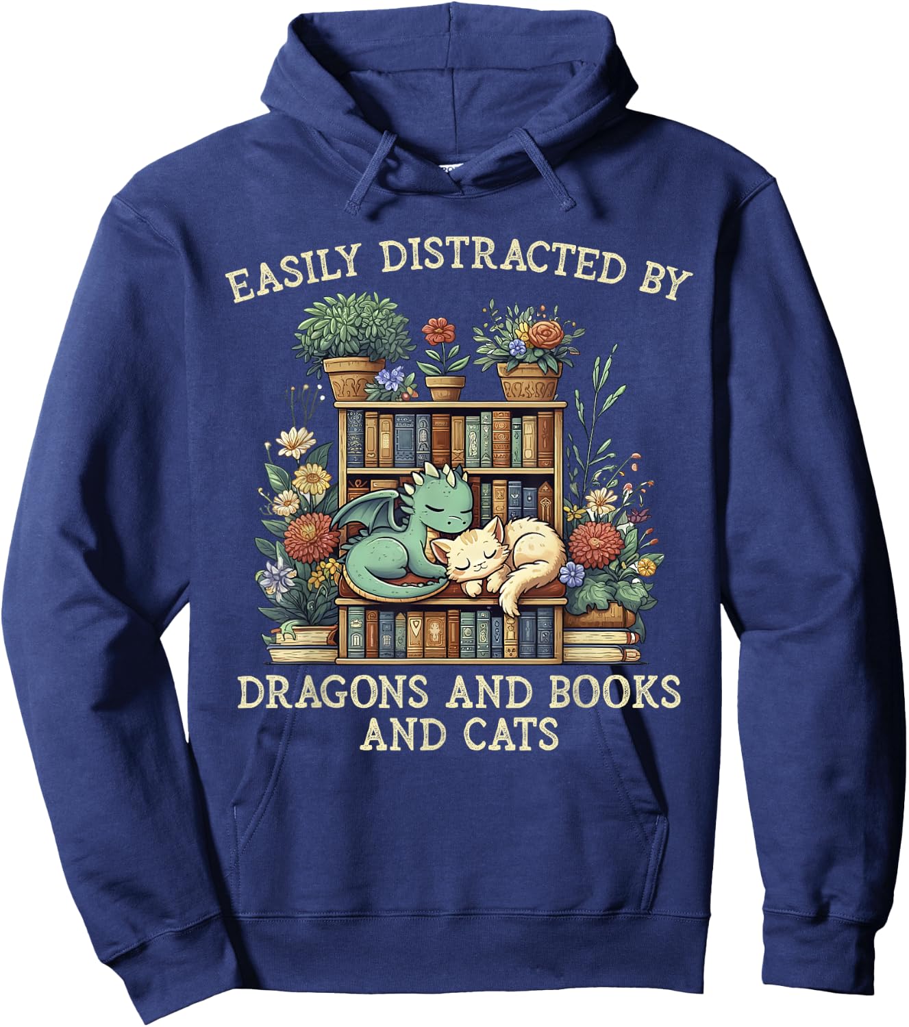 Easily Distracted By Dragons Books Cats Fantasy Book Lover Hoodie - Hoodie | Navy
