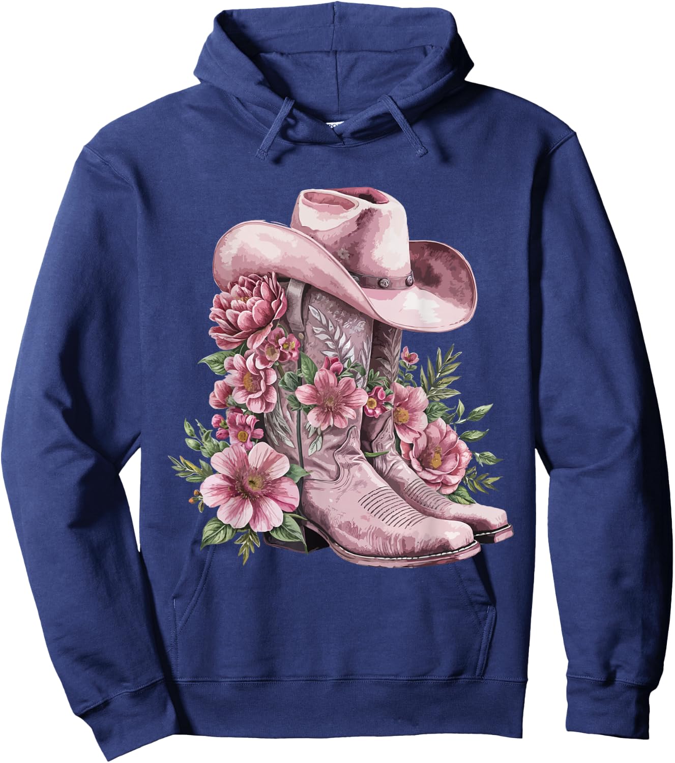 Watercolor Cowgirl Floral Boots Hat Western Boots Boho Women Hoodie - Hoodie | Navy