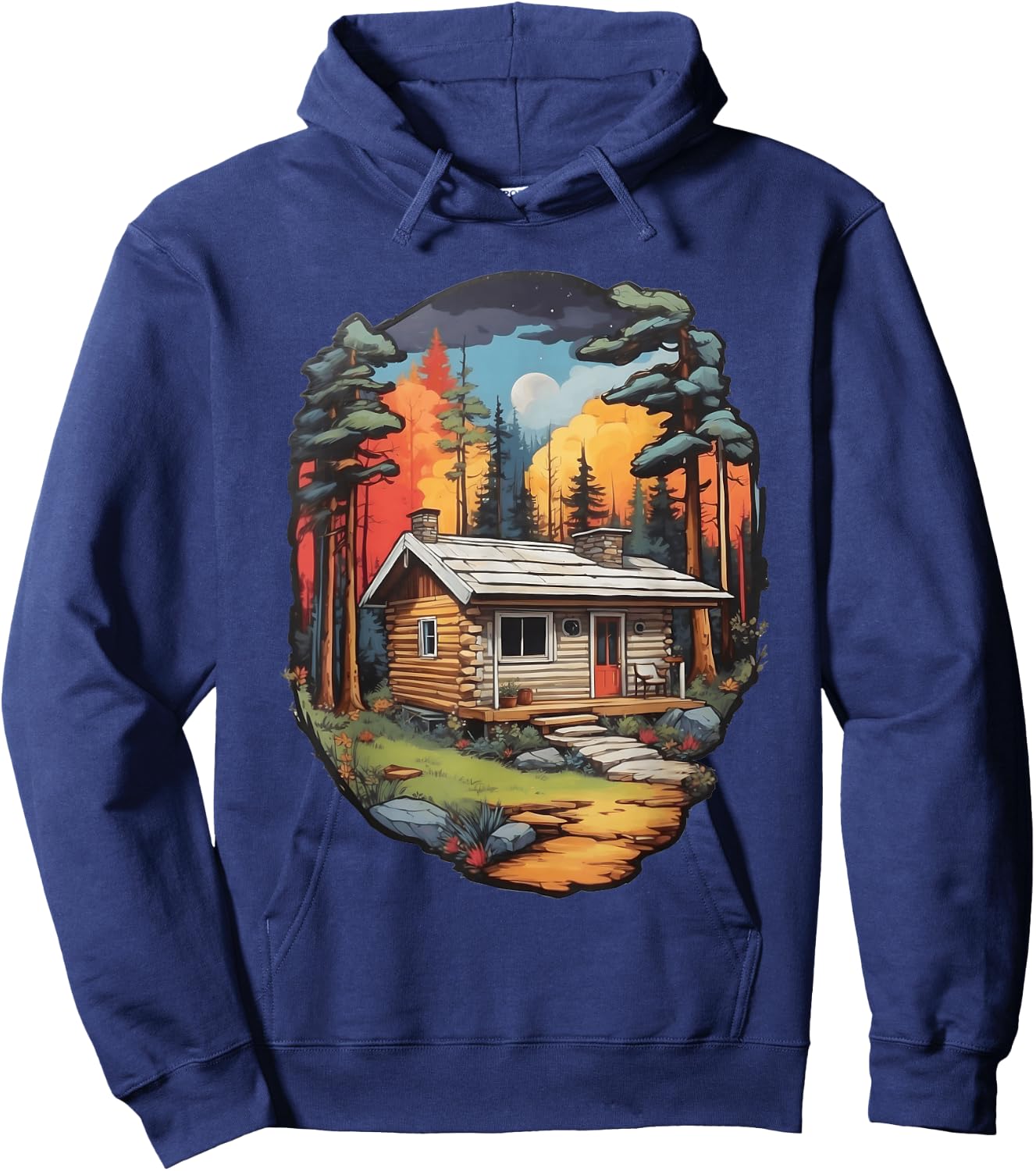 Tranquil Forest Log Cabin - Colorful Woods Scene Hoodie - Hoodie | Navy