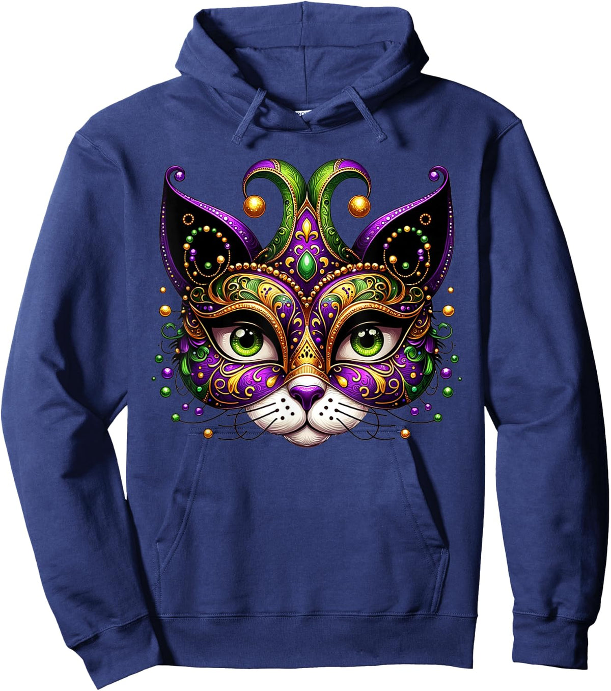 Meowdy Gras Cat Kitten Masquerade Mardi Gras Beads Women Hoodie - Hoodie | Navy