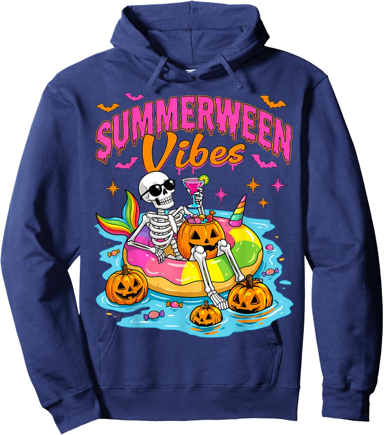 Summerween Funny Skeletons Halloween Floating Pool Pumpkin Hoodie - Hoodie | Navy