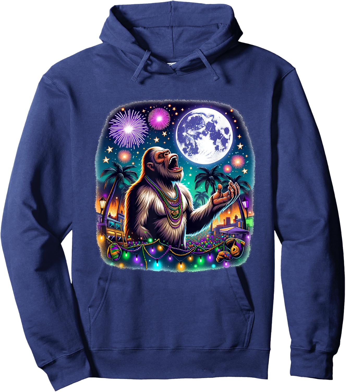 Bigfoot Meets Moon Over Mardi Gras New Orleans Fun Hoodie - Hoodie | Navy