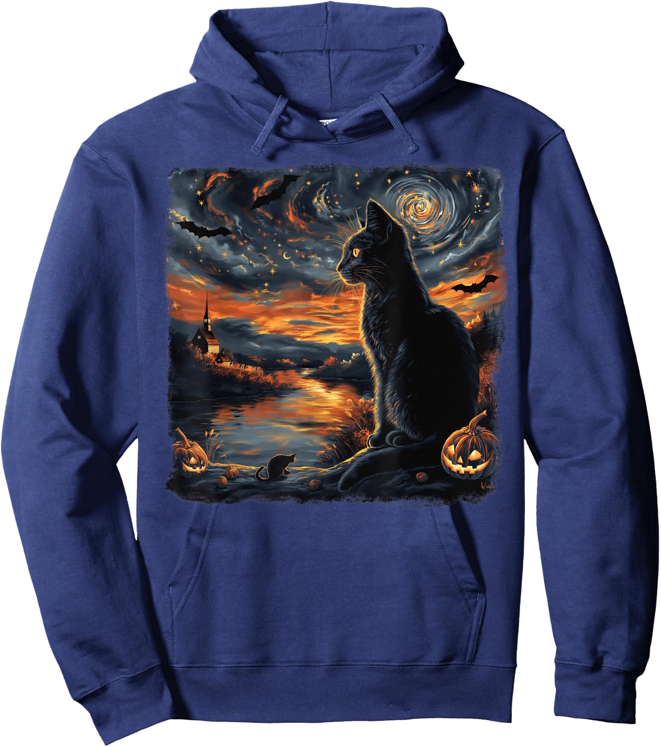 Halloween Van Gogh Starry Night Black Cat Pumpkins Bats Women Kids Hoodie - Hoodie | Navy