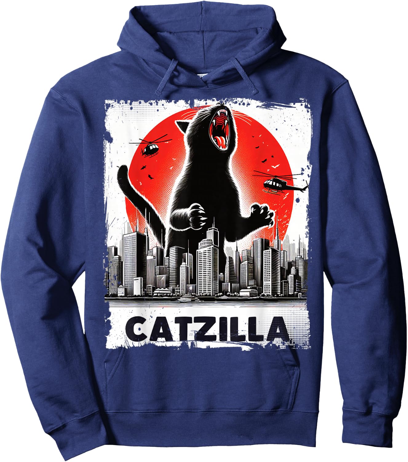 Catzilla Roaring Over City Skyline Cat Monster Kitten Kitty , Small, Black Hoodie - Hoodie | Navy
