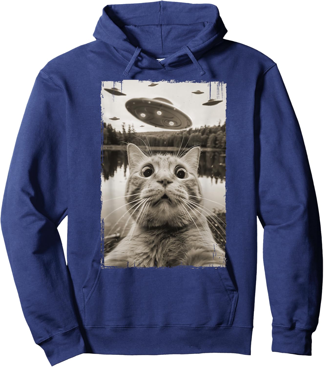 Vintage Cat UFO Encounters - Funny UFO and Cat Selfie Women Kids Hoodie - Hoodie | Navy
