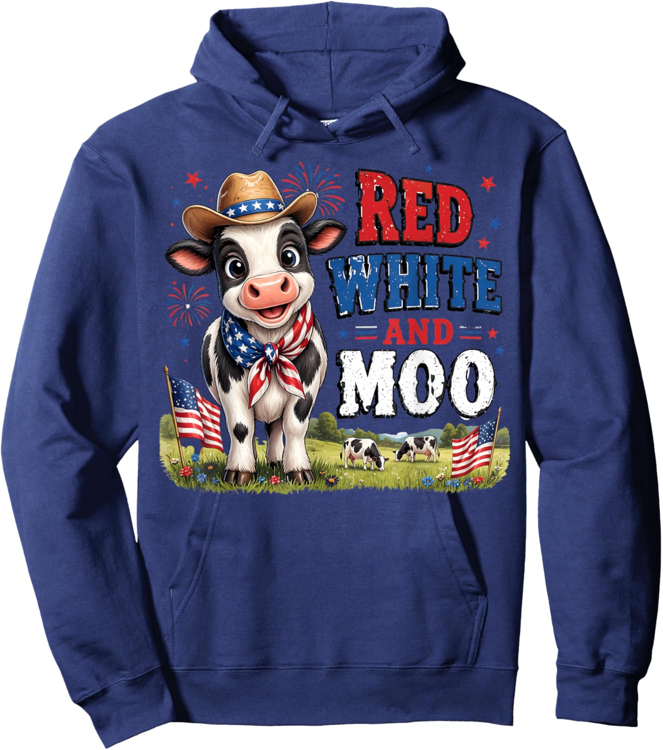 Red White and Moo Funny Cow 4th July Farm Life Independence Hoodie - Hoodie | Navy