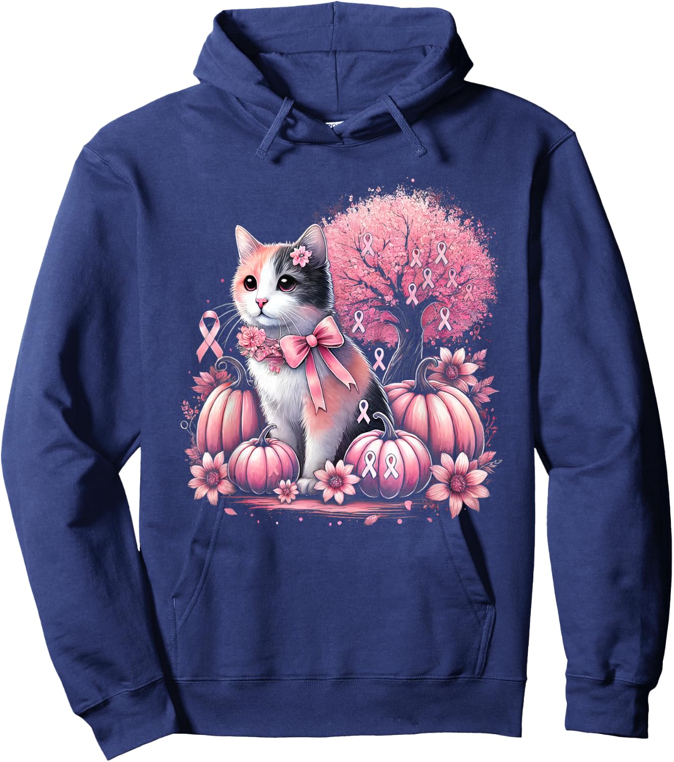 Cat Pink Flower Breast Cancer Awareness Men Women Kids Hoodie - Hoodie | Navy
