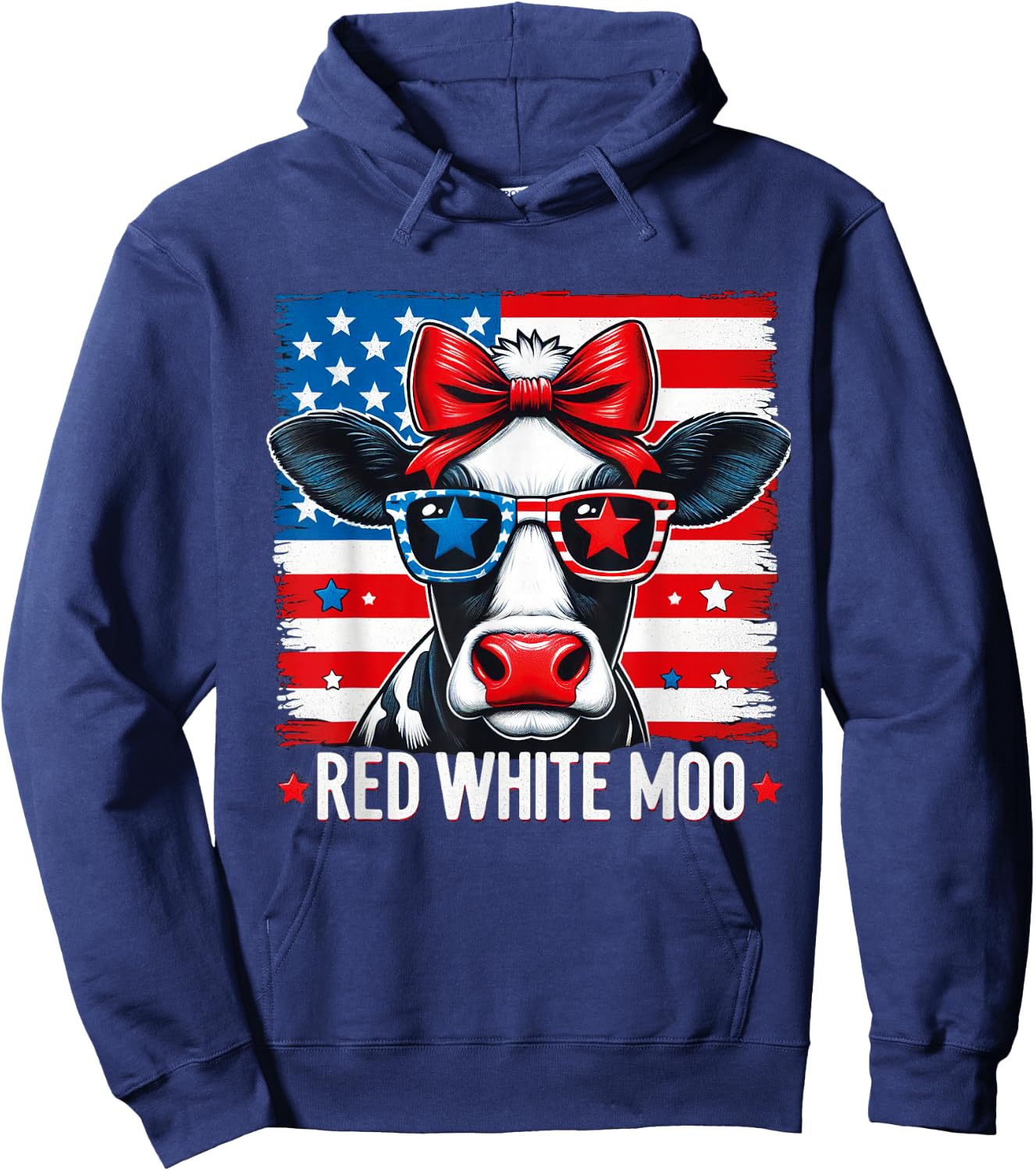 Patriotic Cow USA Flag 4th of July Red and White and Moo Hoodie - Hoodie | Navy