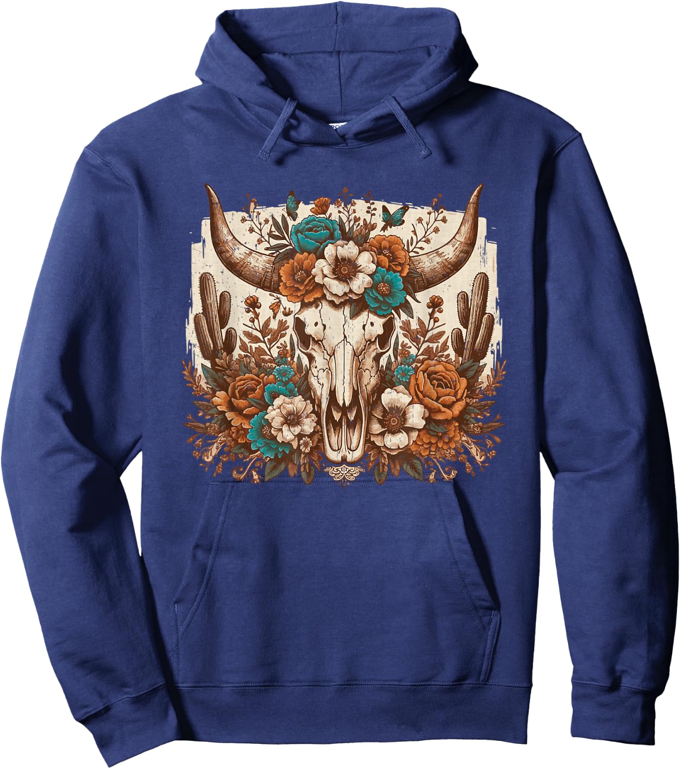 Western Boho Cow Bull Skull Flowers Wild West Country Hoodie - Hoodie | Navy