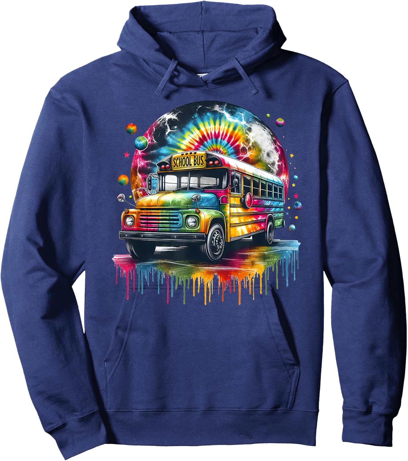 Tie Dye School Bus Art Psychedelic Retro Colors Futuristic Hoodie - Hoodie | Navy